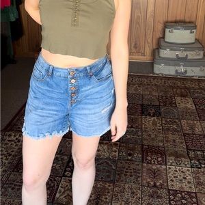 Sound Style Denim Shorts - Button Fly, Distressing, Long Line, 3-4" Inseam